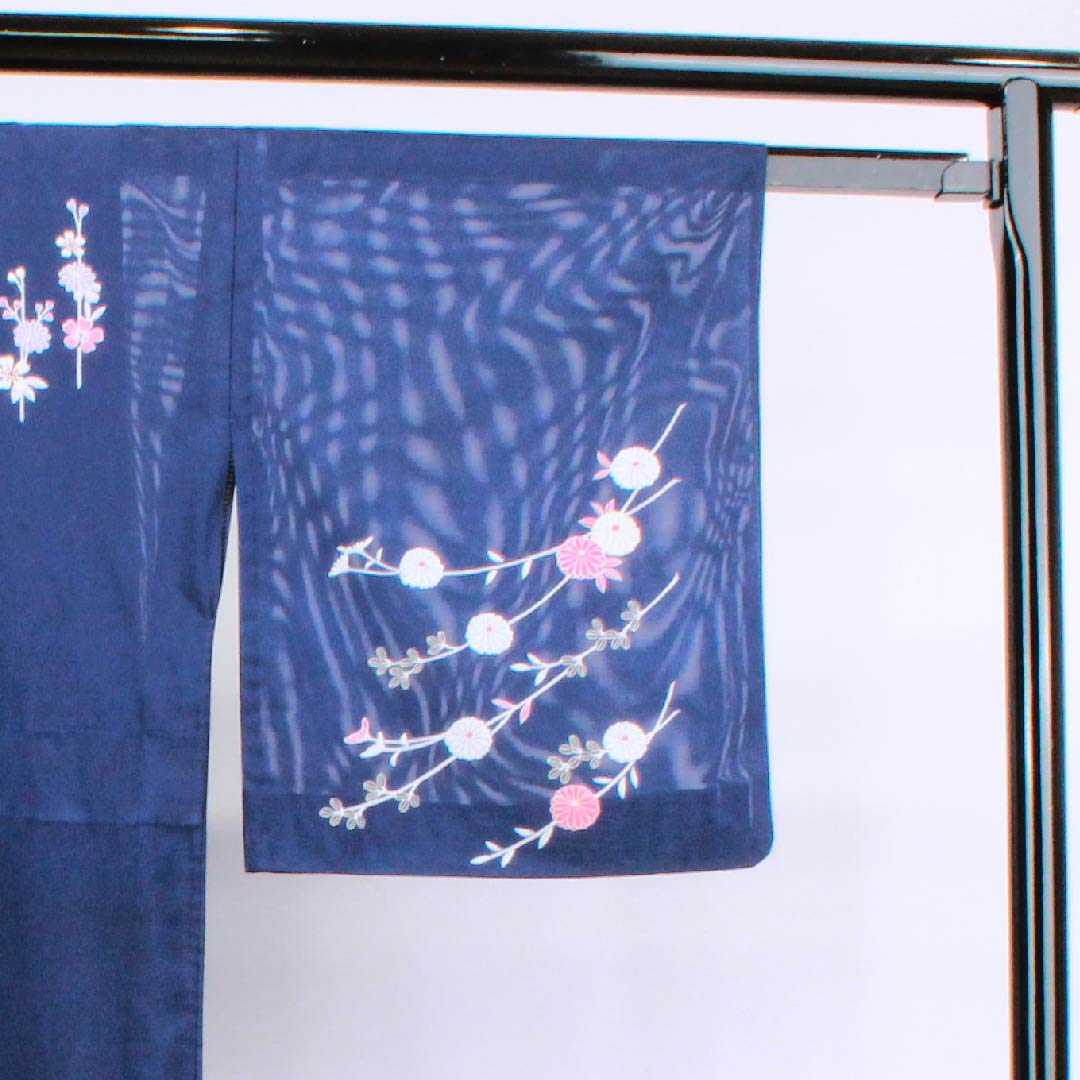 夏物 ポリエステル 訪問着 身丈156.5cm 裄丈65cm 濃紺色（のうこんいろ）菊 絽 Sランク 紺系 1132000102318
