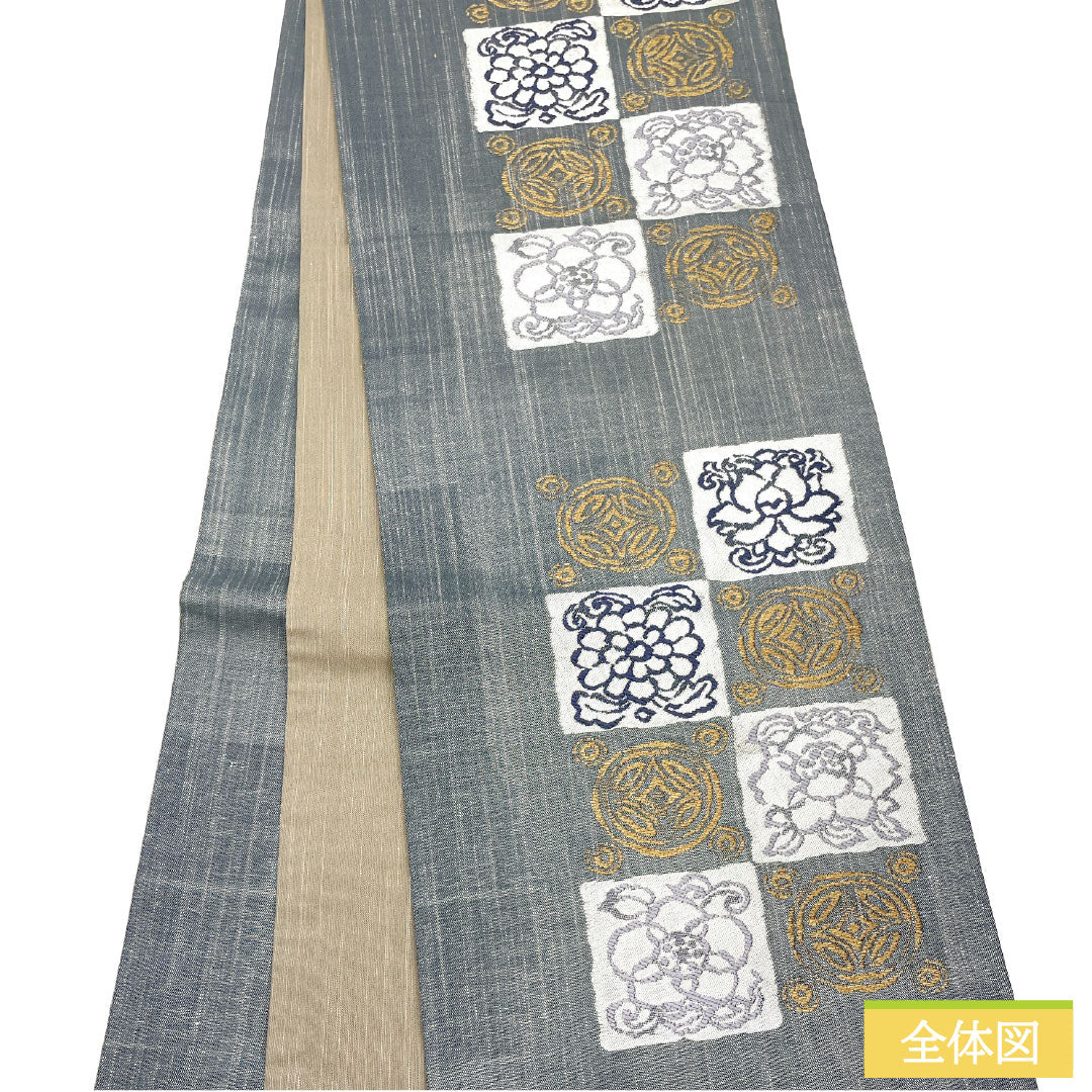 A-Rank Pure Silk Fukuro Obi (Indigo Wall Color) with Nishijin-ori Weave, Silk Silk Pongee Fabric, Abstract Pattern, Length 442cm, Six-Ply, Casual, Gray, Product Number: 1123017013322
