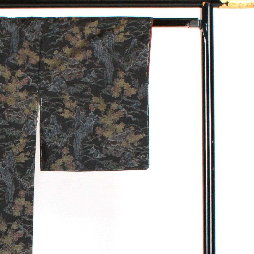 Oshima Tsumugi, Length 156cm, Sleeve length 64cm, Weft Kasuri, Landscape pattern, Pure silk, A rank, Lined, Black, 1116001573310