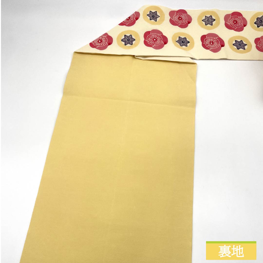 名古屋帯 生成り色（きなりいろ） 型染 ちりめん地 ねじり梅 帯丈360cm 正絹 Sランク 全通 カジュアル クリーム系 1124007702315 名古屋仕立て