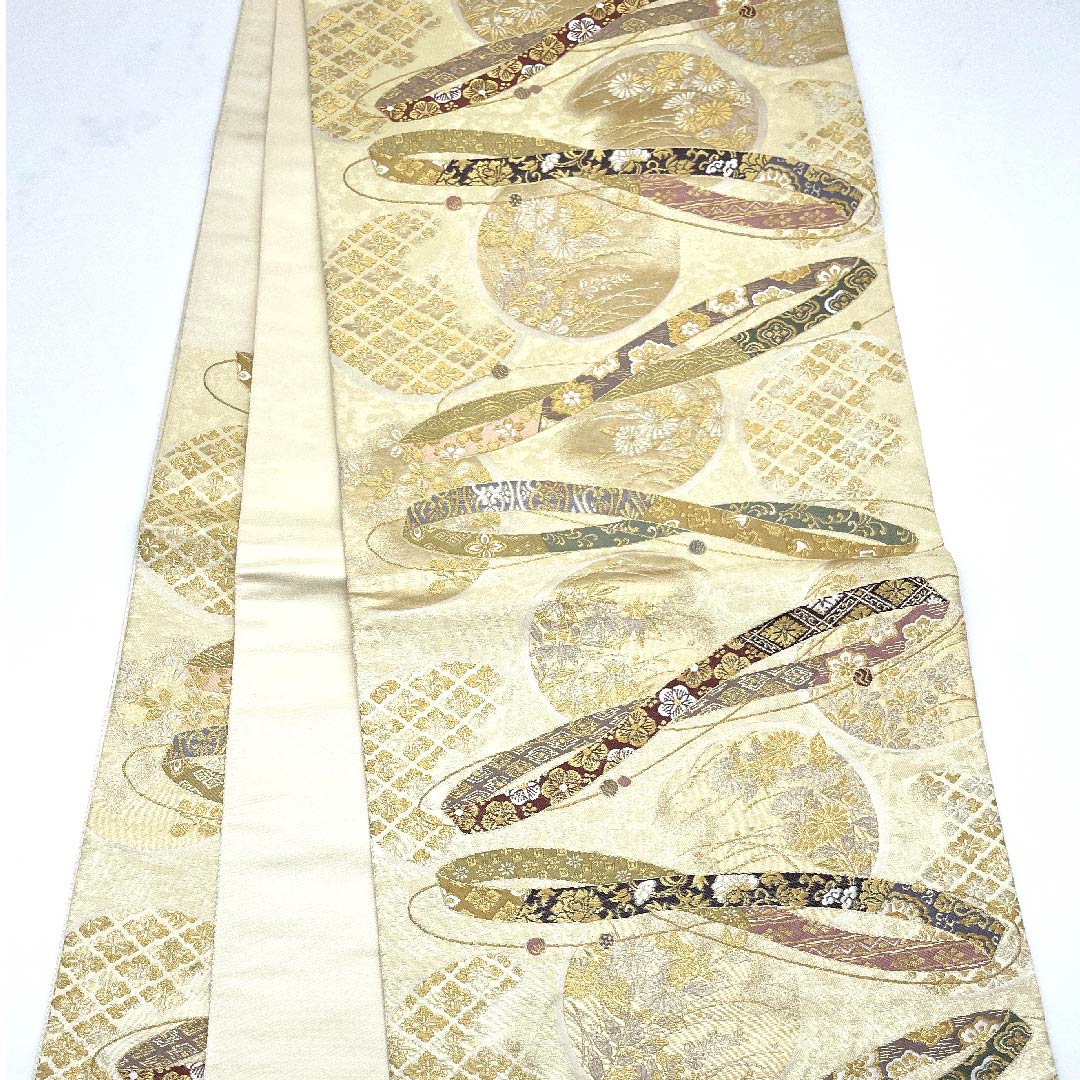 袋帯 鳥の子色（とりのこいろ） 古典柄 織の輪銘宝文 帯丈442cm 正絹 Sランク 六通 フォーマル クリーム系 1123008722315