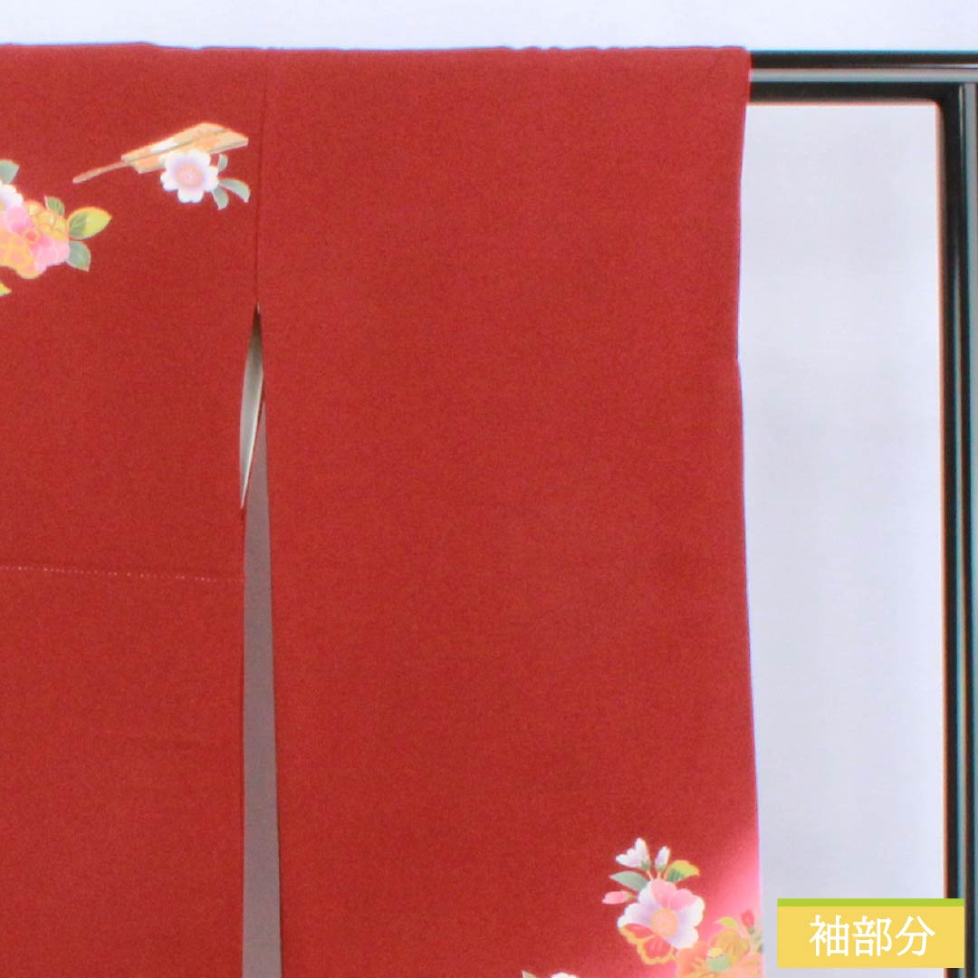 Kimono (Furisode) - S Rank - Pure Silk - Length 155.5cm - Sleeve Length 64.5cm - Lined - Shoenji-iro (Deep Crimson) - Kyo Yuzen - Imperial Carriage & Floral Patterns - Gold Couching Embroidery - Red - 1113002902312