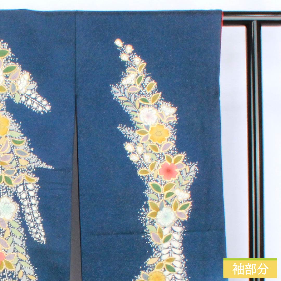 Furisode (long-sleeved kimono) made of pure silk, S rank, length 170cm, sleeve length 67cm, lined, iron grape color, Kyoto Yuzen, gold thread, Tsujigahana pattern, navy blue, product number 1113002762618