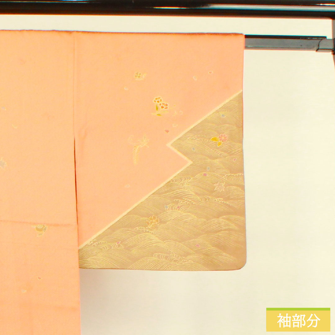 Homongi, pure silk, lined, length 165.5cm, sleeve length 66.5cm, vermilion, Kyoto Yuzen, auspicious motif, A rank, orange, 1112004623526