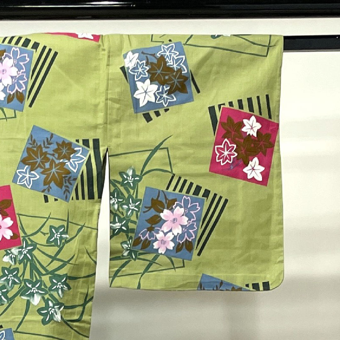 浴衣 浅青朽葉色 桜 紅葉 木綿 Sランク 単衣 身丈163.5cm 裄丈67cm 緑系 1118002262419