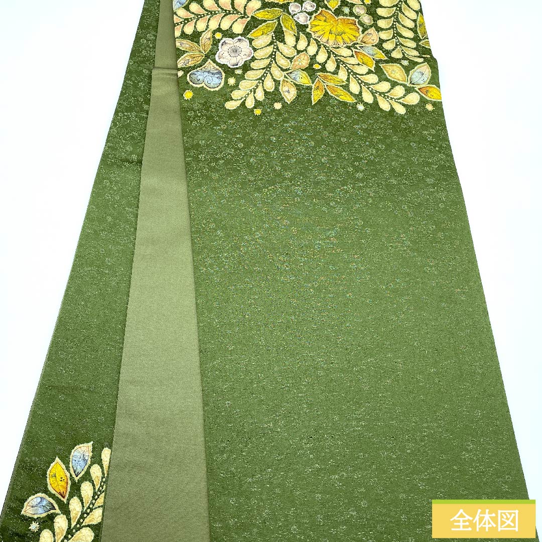 （未仕立）袋帯 松葉色（まつばいろ） 辻ヶ花 花唐草 鳳凰 作家物 帯丈464cm 正絹 Sランク ポイント柄 フォーマル 緑系 1123010562419