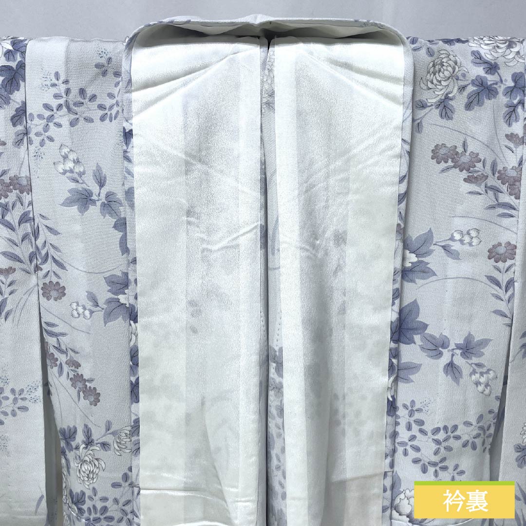 小紋 ポリエステル Sランク 身丈159cm 裄丈63cm 単衣 洗える着物 草花模様 居敷当て付き 水色系 1115008082324