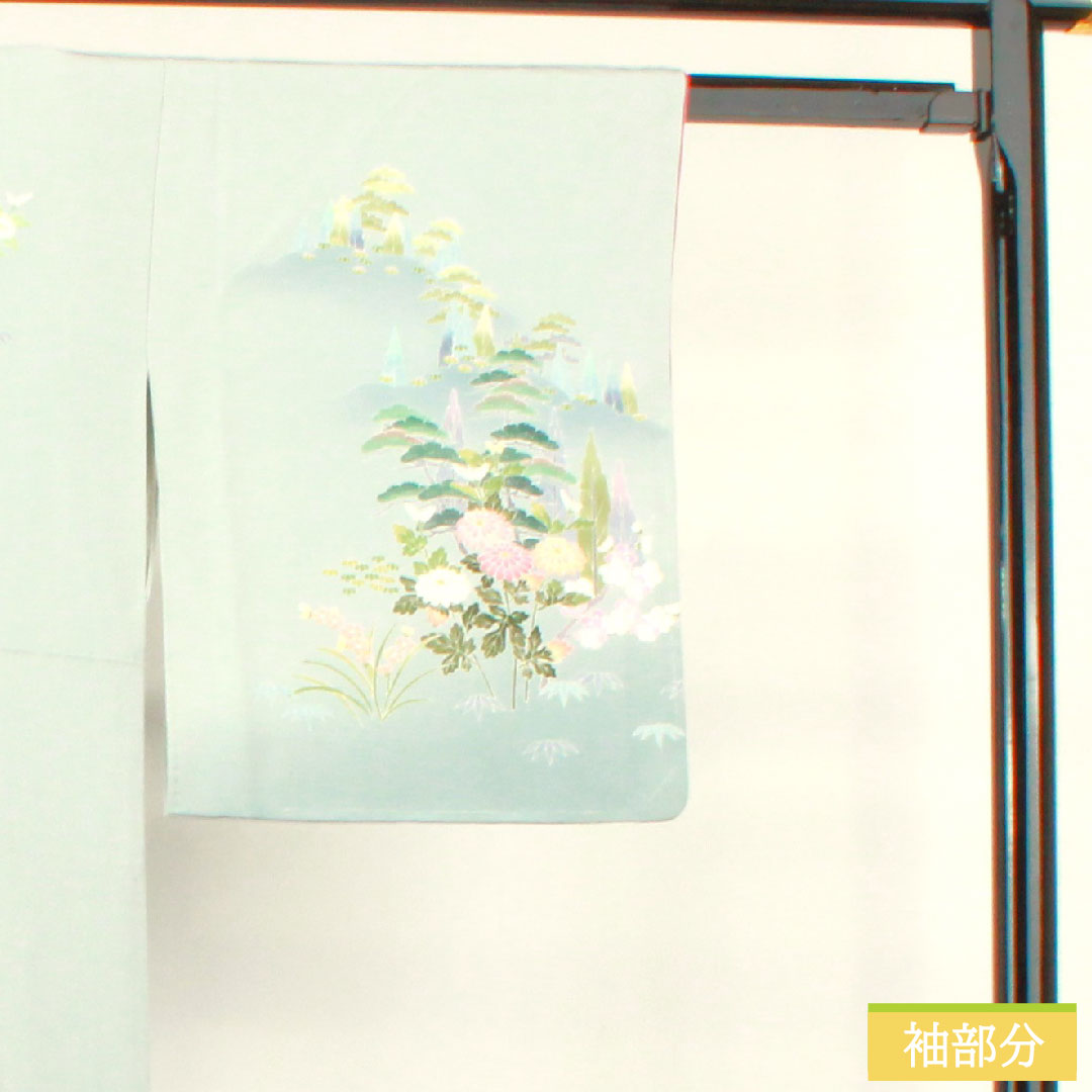 訪問着 正絹 袷 身丈151.5cm 裄丈63cm 青白磁色 京加賀友禅 峰山和生 吉祥文様 Sランク 水色系 1112003812224