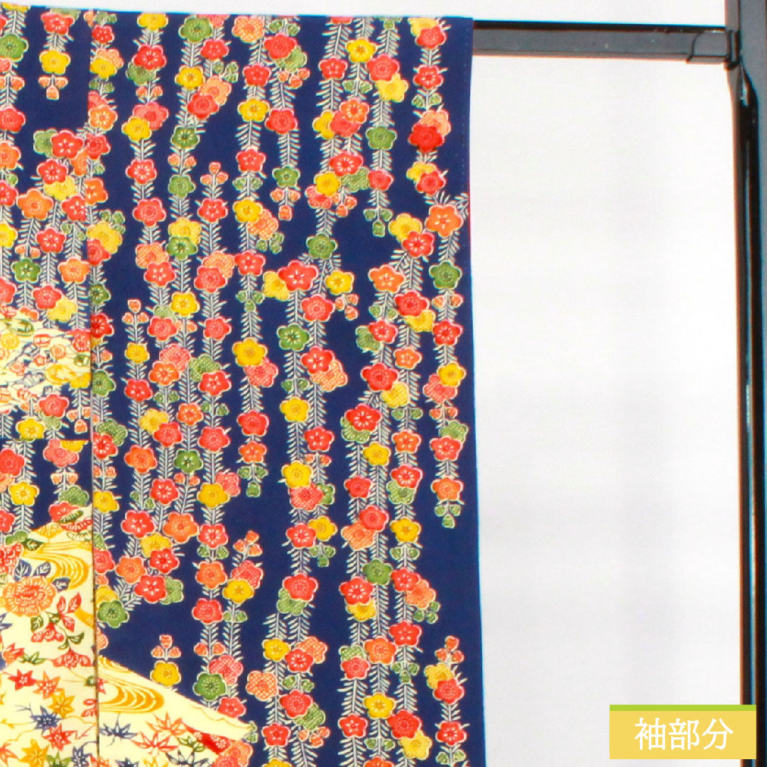 Furisode, pure silk, length 157.5cm, sleeve length 62.5cm, lined, dark navy blue, Kyoto Bingata, auspicious motif, S rank, navy blue, 1113002082318