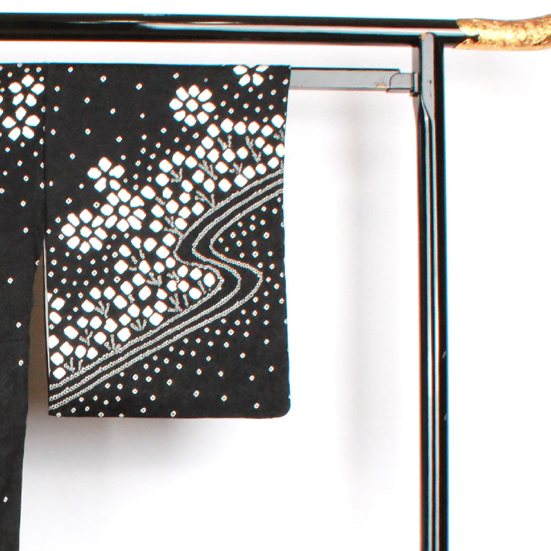 訪問着 袷 身丈159.5cm 裄丈62cm 絞り 花模様 正絹 Aランク 黒系 1112001693310