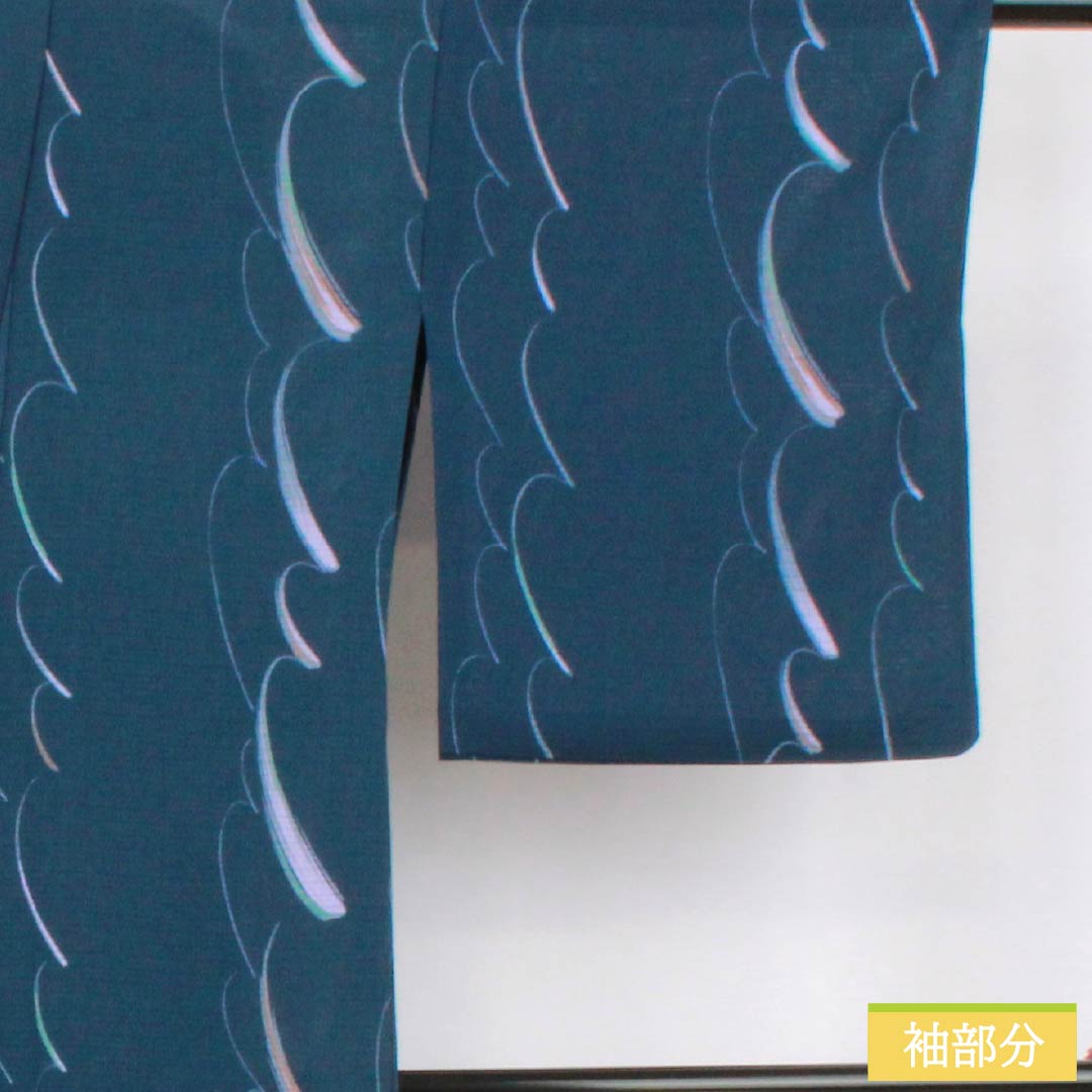 夏物 ポリエステル 小紋 身丈168cm 裄丈66cm 紺鉄色（こんてついろ） 抽象模様 洗える着物 絽 Aランク 紺系 1132002643518