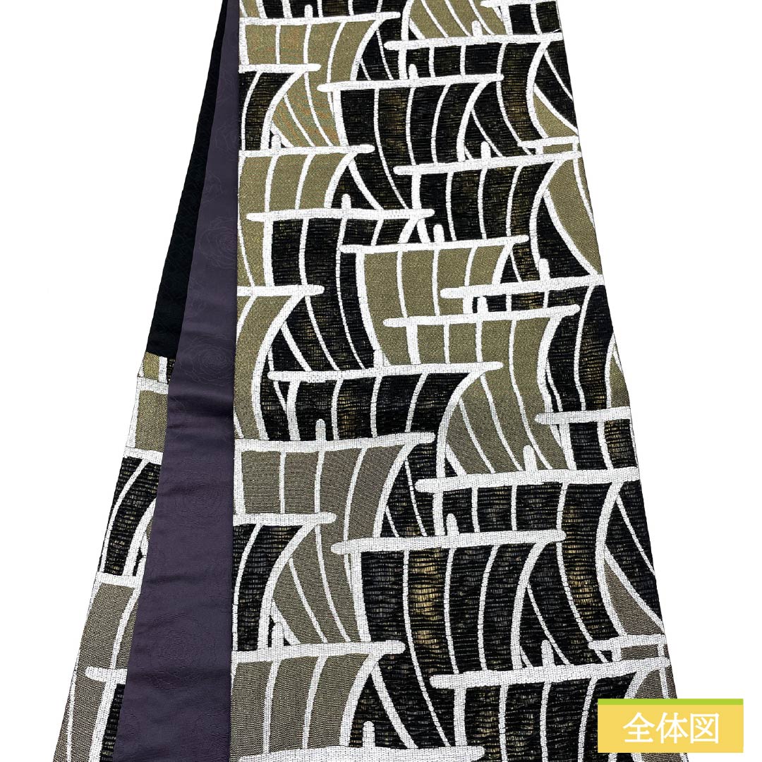 Pure silk obi by Ikki Kusano, Tsujiume Kigyoten, thick gold leaf, sail, 436cm long, S rank, six-fold, semi-formal, black, 1123014732310