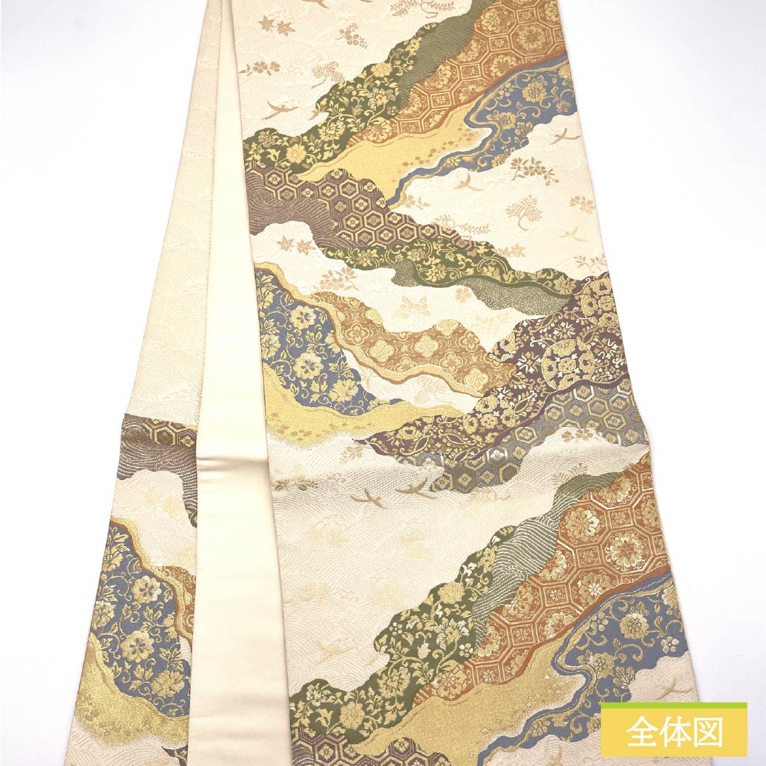袋帯 正絹 華文 留袖用 唐花 亀甲菱 帯丈438cm Aランク 六通 フォーマル クリーム系 1123014693315