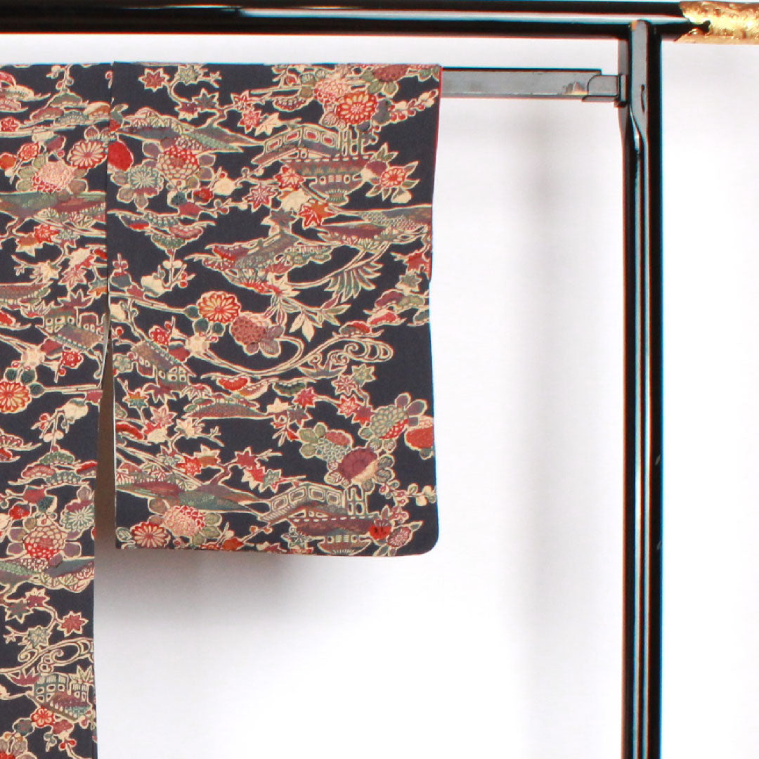 小紋 身丈154.5cm 裄丈60.5cm 袷  青褐色 型染 草花模様  正絹 Aランク 紺系 1115002293218