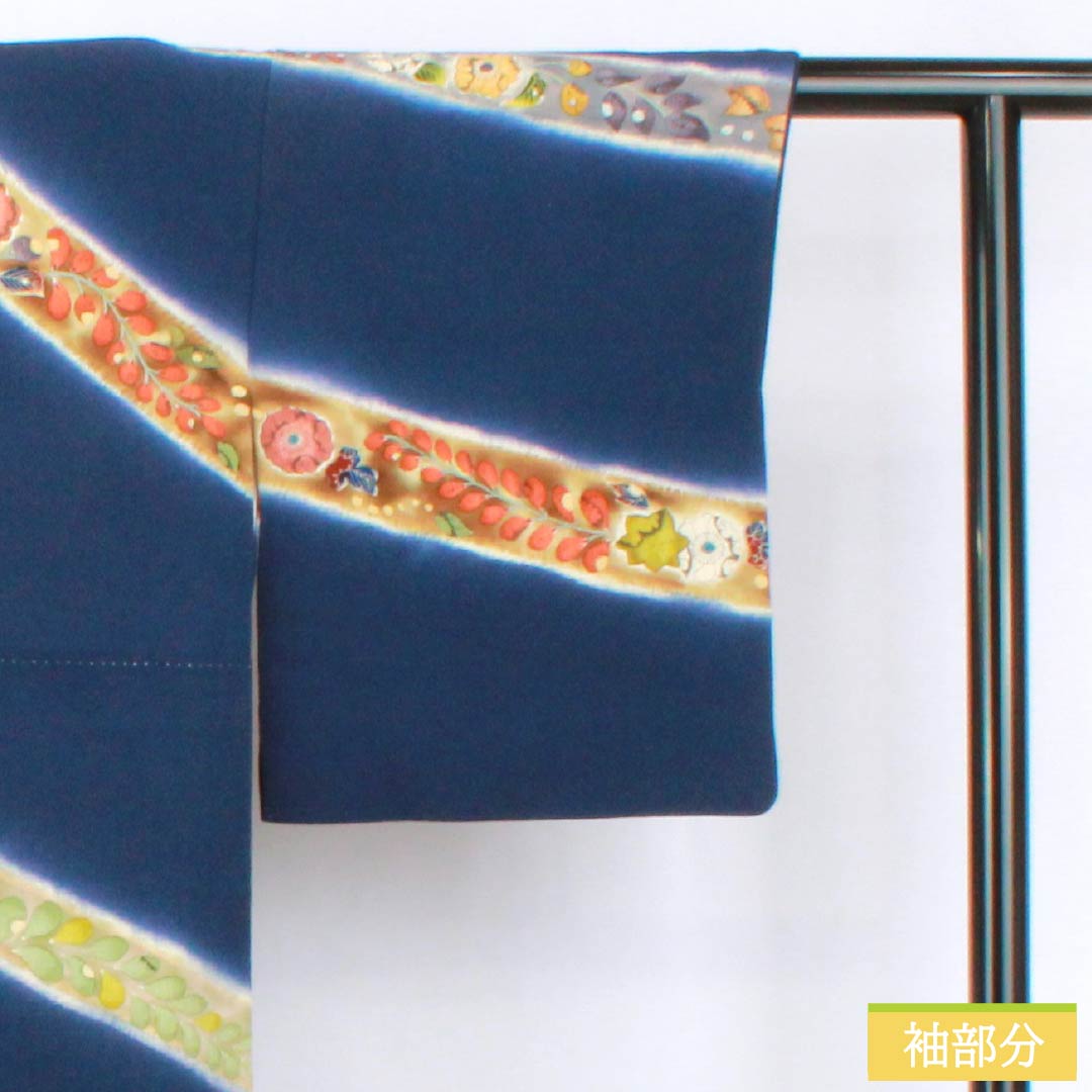 訪問着 正絹 Sランク 袷 身丈155cm 裄丈63cm 紺色（こんいろ） ちりめん地 辻ヶ花 紺系 1112006292318