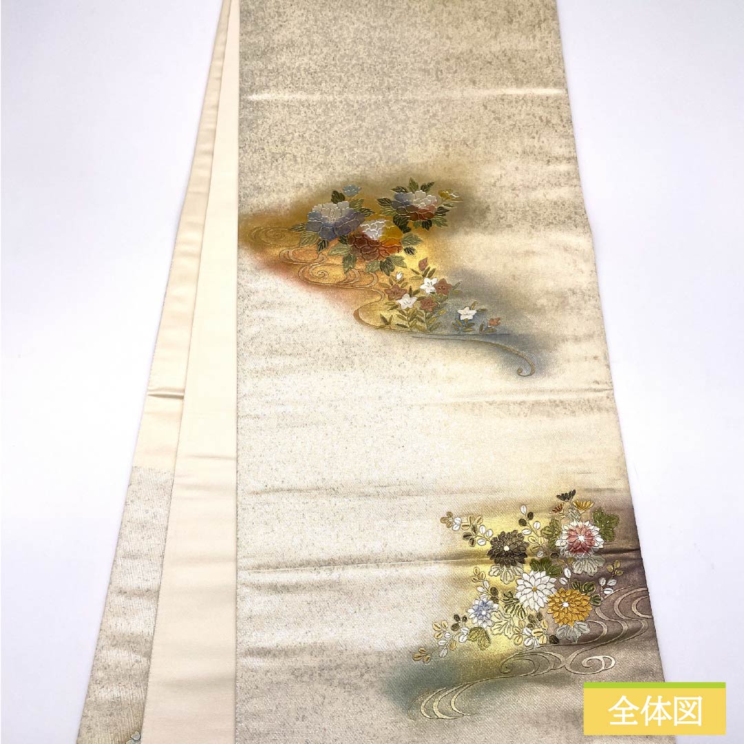 袋帯 正絹 生成り色（きなりいろ） 留袖用 螺鈿 引箔 御所車 帯丈446cm Aランク 六通 フォーマル クリーム系 1123014043315