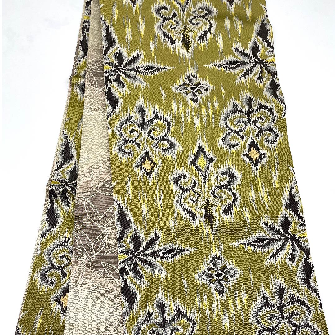 Fukuro obi (sash) in russet leaf color, ikat floral pattern, bamboo leaf pattern, by Ori Kobo Kanae, reversible, obi length 444cm, pure silk, S rank, full length, semi-formal, green, 1123007812319