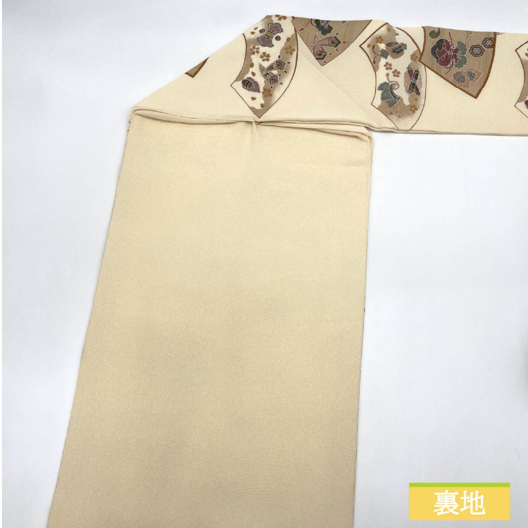 名古屋帯 生成り色（きなりいろ） ちりめん地 染め帯 扇面 帯丈365cm 正絹 Aランク 全通 カジュアル ベージュ系 1124007183325 名古屋仕立て