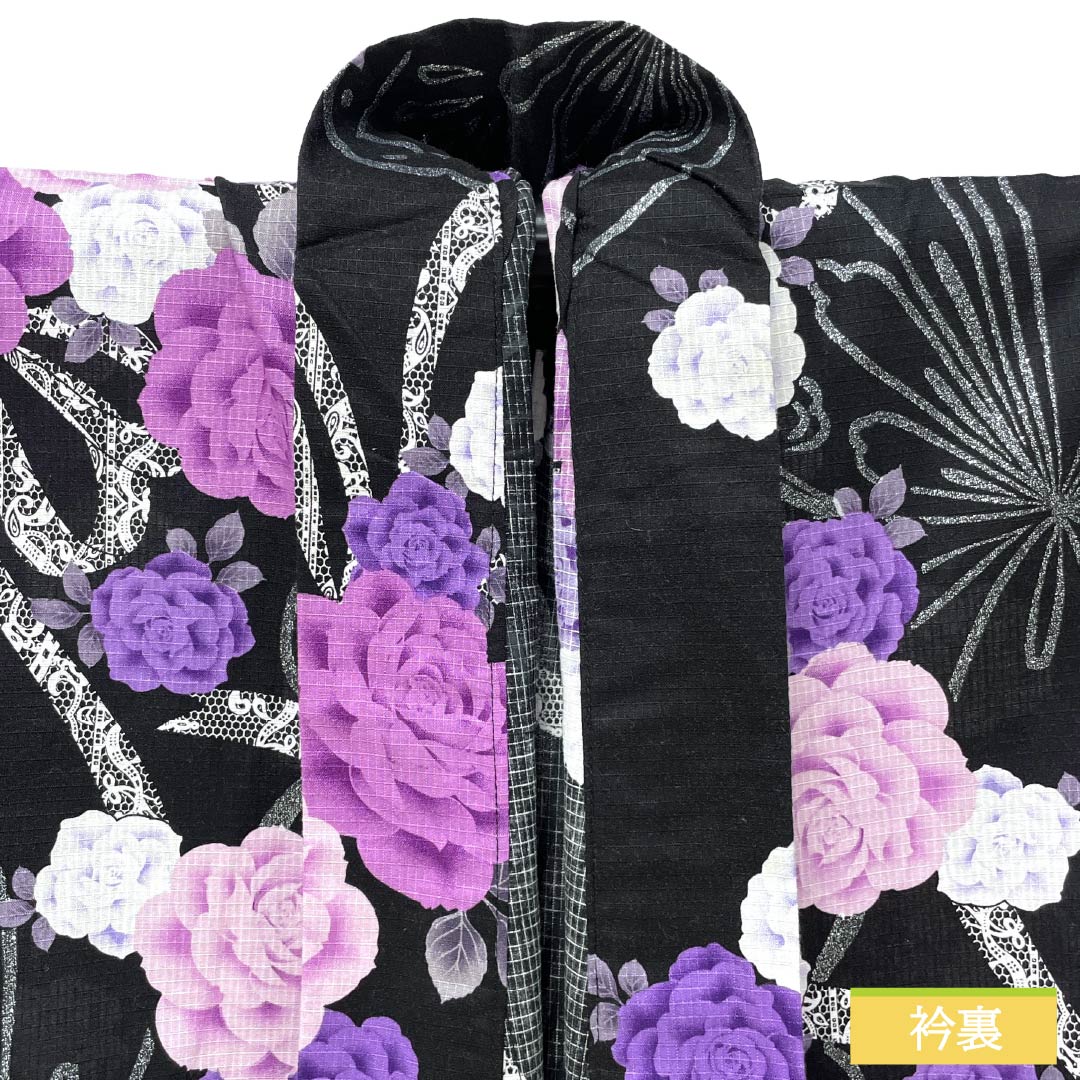 浴衣 木綿 Sランク 身丈165cm 裄丈65.5cm 薔薇 蝶 単衣 黒系 1118007632510