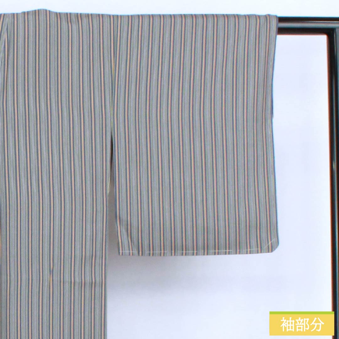 Komon silk S-rank kimono, length 156.5cm, sleeve length 63cm, lined, gosu-iro (blue-green) vertical stripes, blue-based design, product number 1115006642317