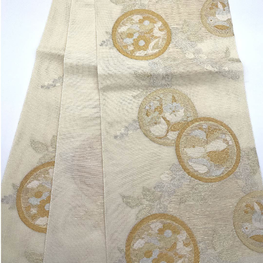 袋帯 生成り色（きなりいろ） 夏帯 花紋 帯丈432cm 正絹 Sランク 六通 フォーマル クリーム系 1123007372315