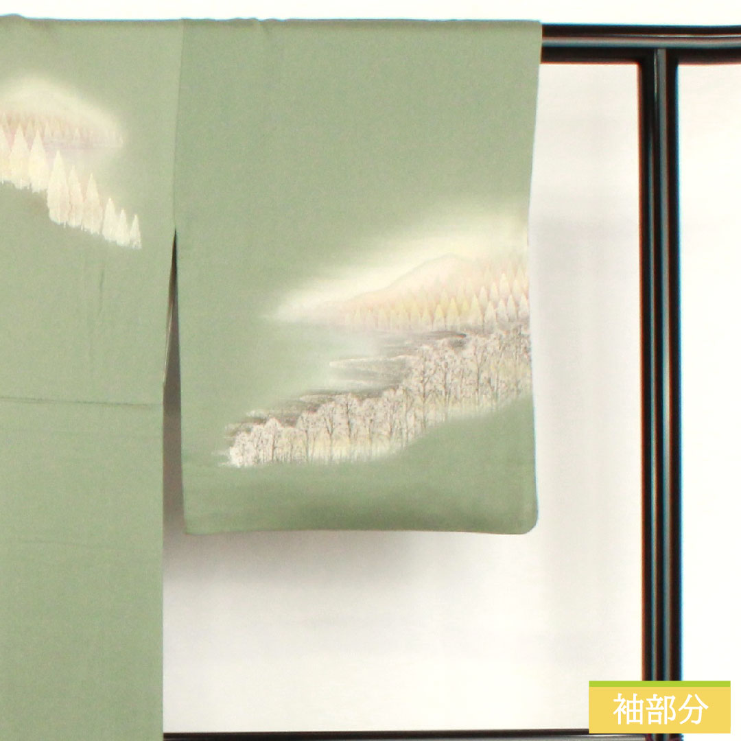 訪問着 正絹 袷 身丈162.5cm 裄丈65cm 裏葉色（うらはいろ） 風景模様 Aランク 緑系 1112005853419