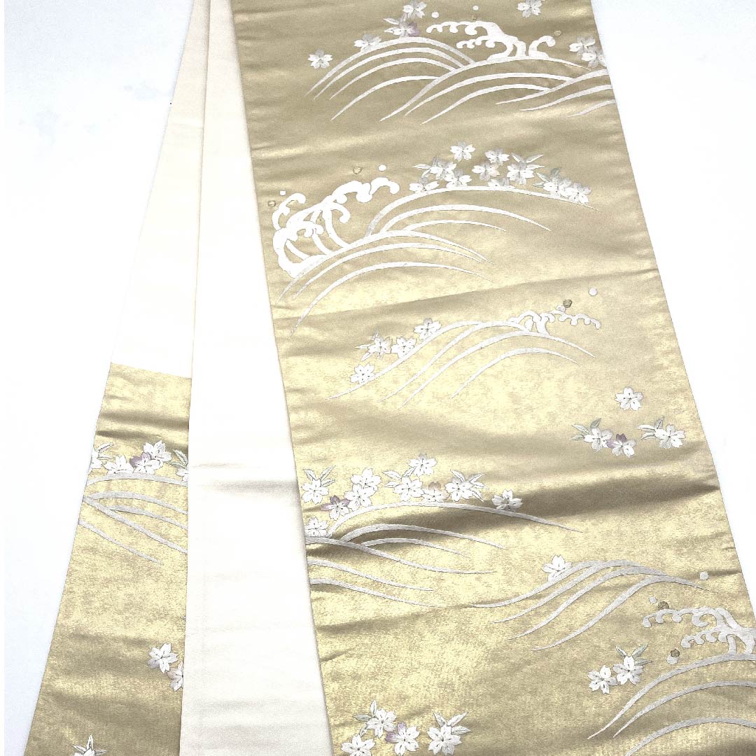 袋帯 薄卵色（うすたまごいろ） 刺繍 桜 波 露芝 帯丈450cm 正絹 Sランク 六通 フォーマル クリーム系 1123008152315