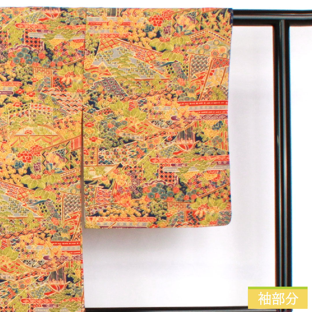 小紋 ポリエステル 身丈160cm 裄丈63.5cm 袷 紺藍色（こんあいいろ） 洗える着物 吉祥文様 Sランク 紺系 1115004612418