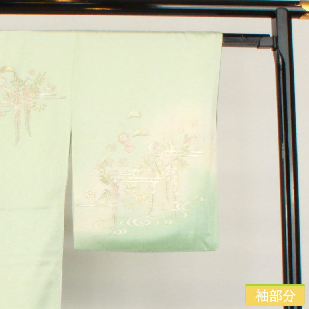 Homongi, pure silk, lined, length 155.5cm, sleeve length 63.5cm, white-green, gold-colored yuzen, pine, wisteria, shell bucket, S rank, green, 1112004902319