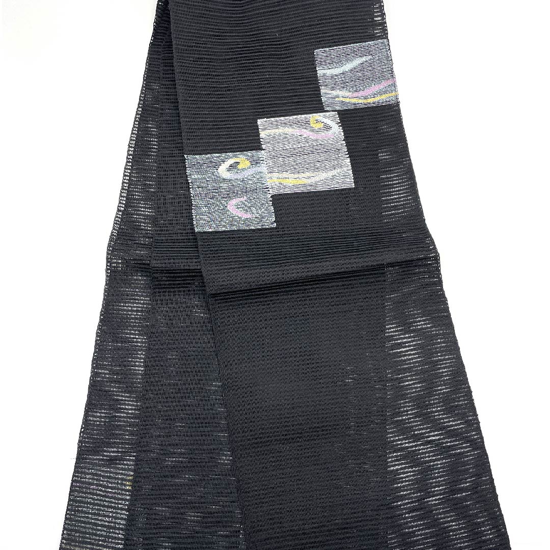 名古屋帯 黒色 夏帯 絽 四角 抽象模様  帯丈364cm 正絹 Aランク ポイント柄 セミフォーマル 黒系 1124004183310  開き仕立て