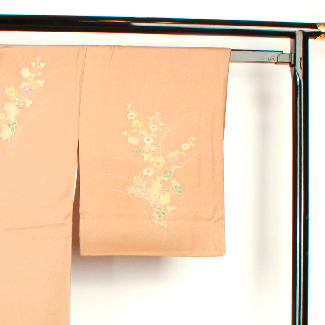 訪問着 袷 身丈159cm 裄丈64cm 柴染色 草花模様 正絹 Sランク 茶系 1112001582314