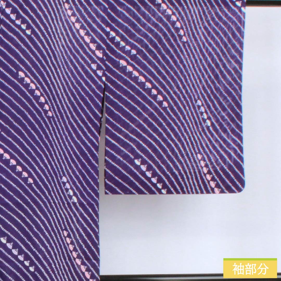 夏物 ポリエステル 小紋 身丈160.5cm 裄丈65cm 菫色（すみれいろ） 扇面 洗える着物 絽 Aランク 紫系 1132002543420