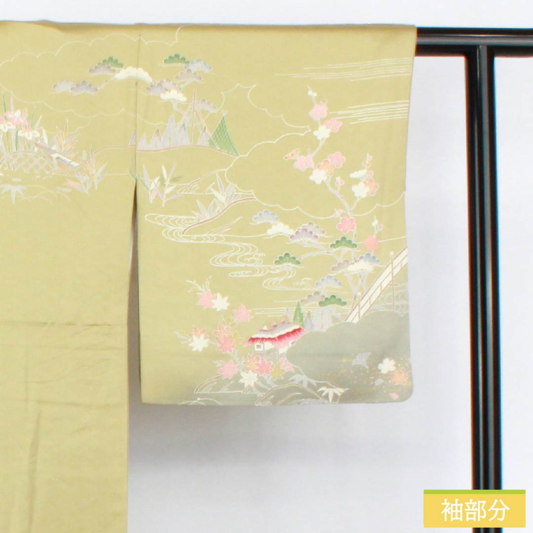 訪問着 正絹 Aランク 袷 身丈171.5cm 裄丈69cm 玉子鼠色（たまごねずいろ） 京友禅 網干 風景模様 黄系 1112006093623