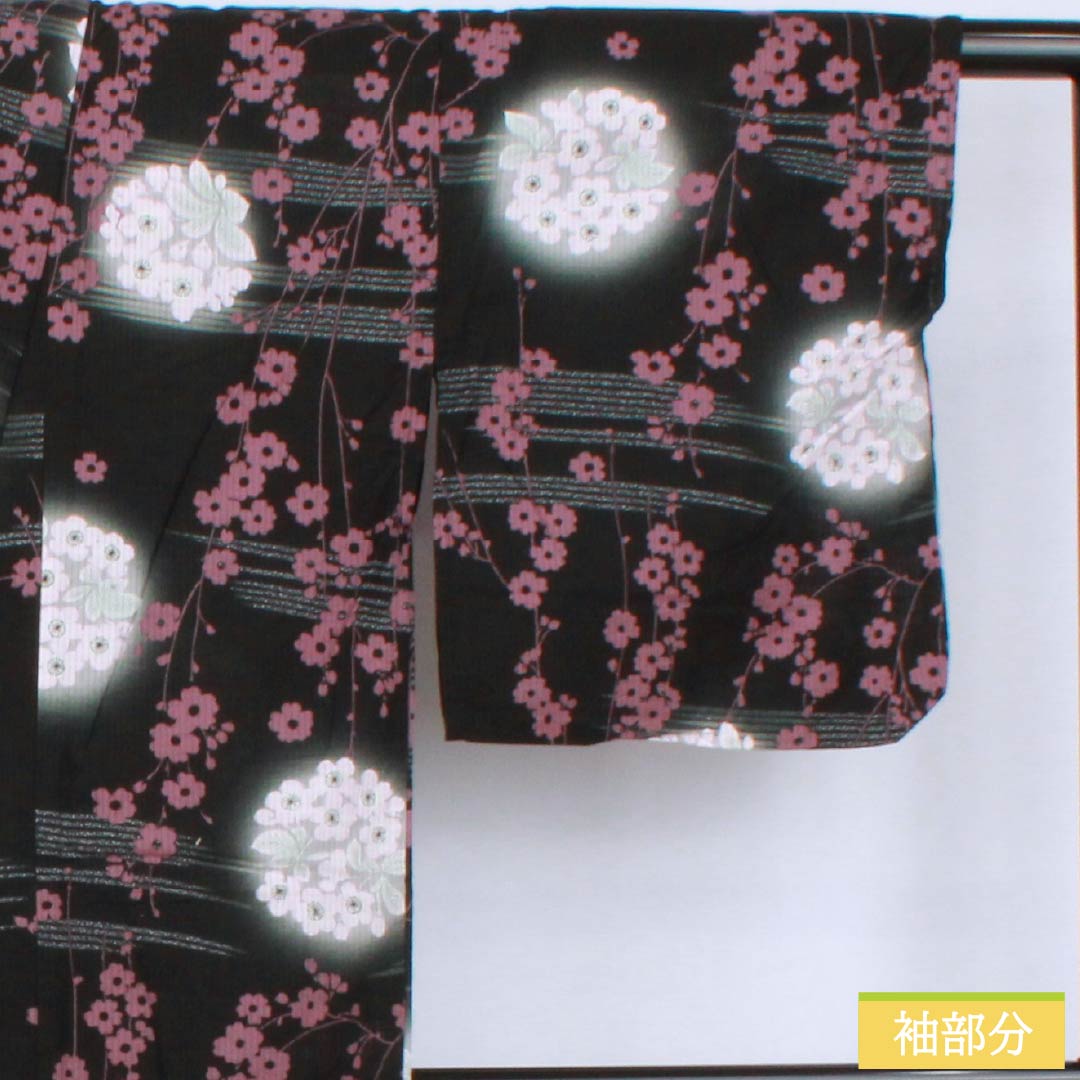 Cotton Yukata, Length 159cm, Sleeve Length 66cm, S Rank, Single Layer, Black with Floral Pattern, Vertical Silk, 1118006462310