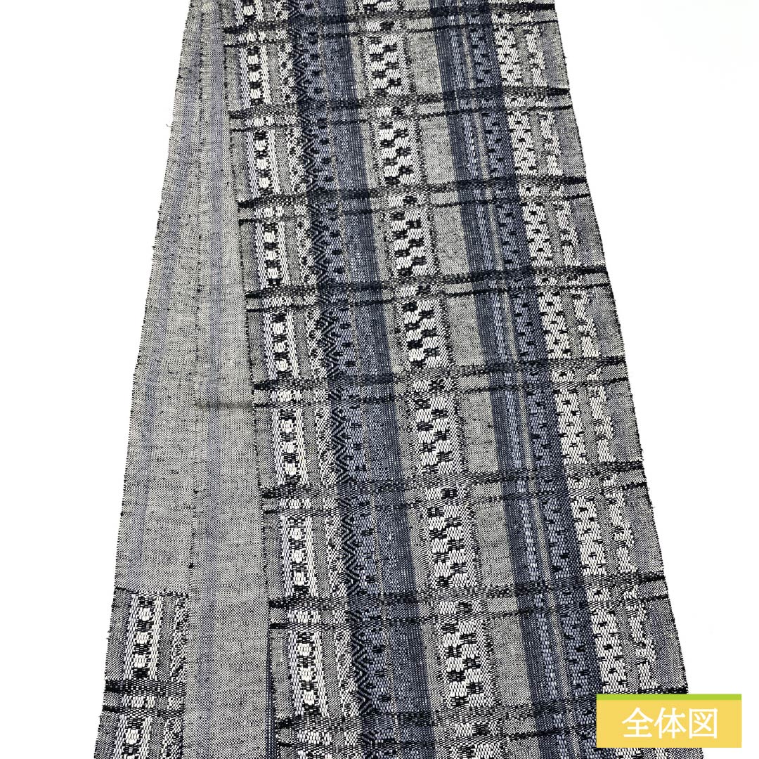 名古屋帯 チェック模様 紬地 帯丈358cm 正絹 Sランク 六通 カジュアル モノトーン 1124007282327 開き仕立て