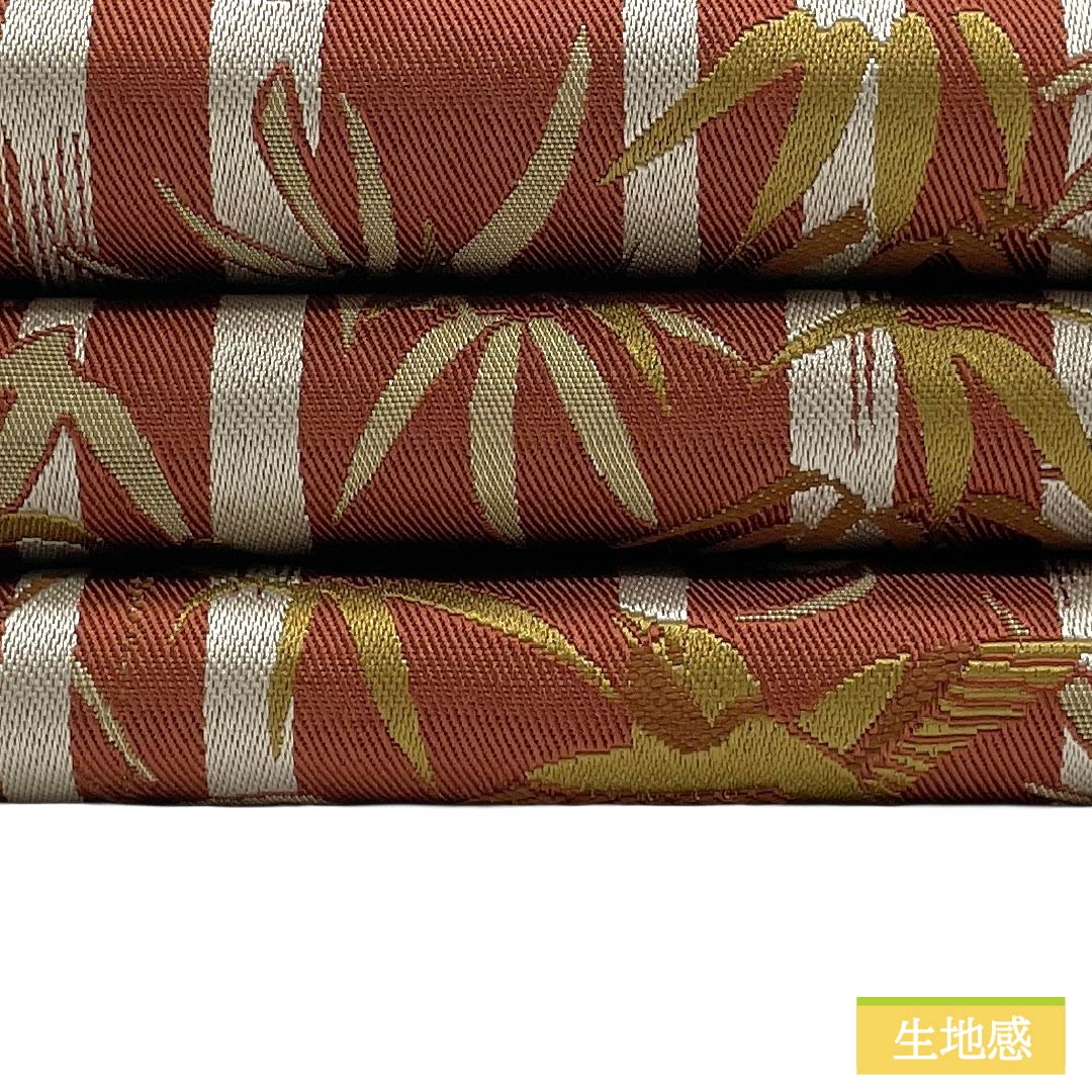 半幅帯 ポリエステル Sランク 弁柄色（べんがらいろ） リバーシブル 竹 雀 市松 帯丈448cm 茶系 1125005212414