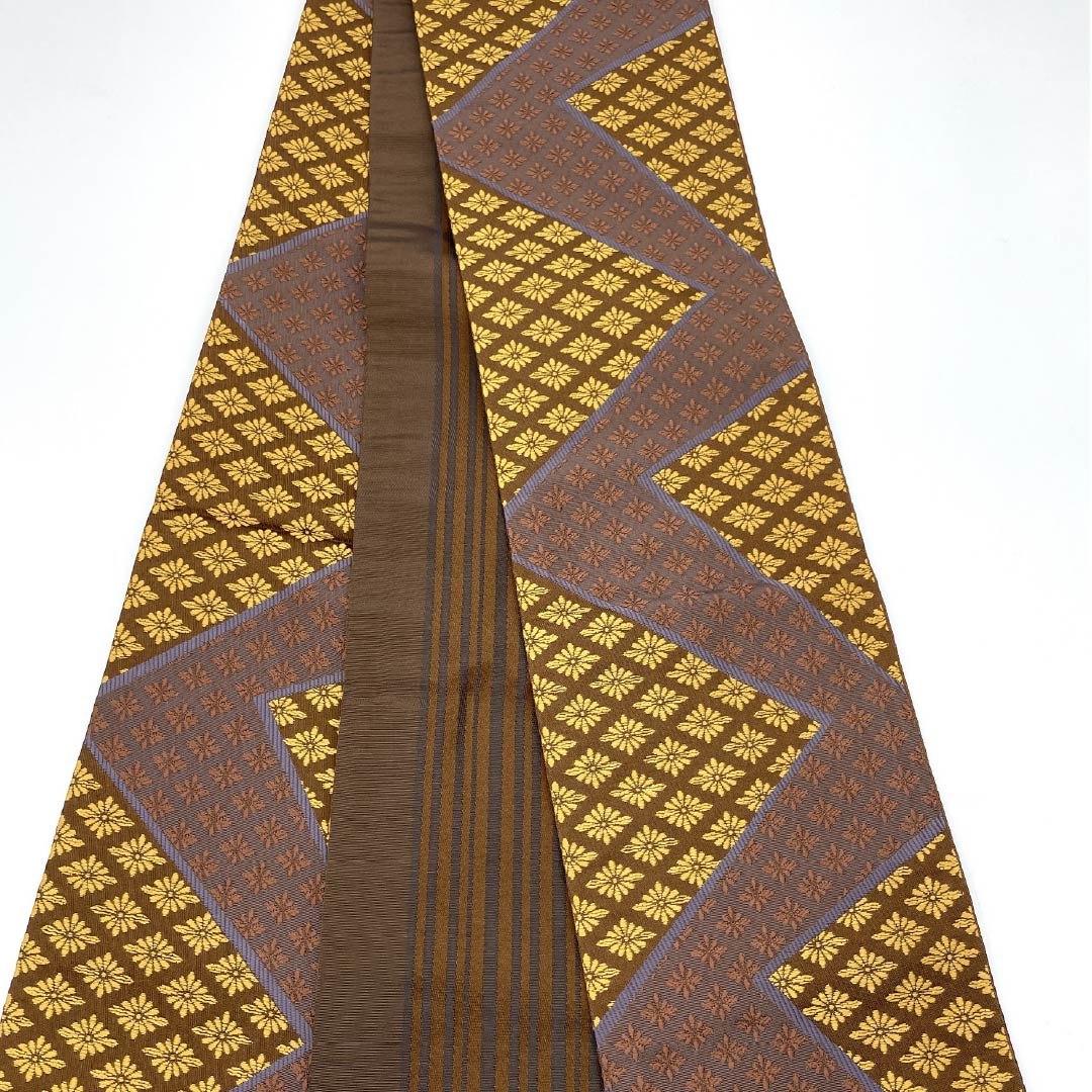 (Unmade) Half-width obi, polyester, Yokan color, Kikubishi pattern, obi length 400cm, brown, S rank, 1125001772414