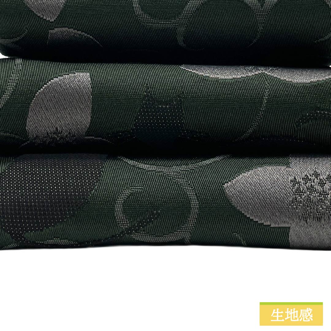 （新品）半幅帯 ポリエステル NEWランク 黒橡色（くろつるばみいろ） 黒色（くろいろ） 花唐草 ネコ 蝶 広幅 帯丈397cm 緑系 1125006051319