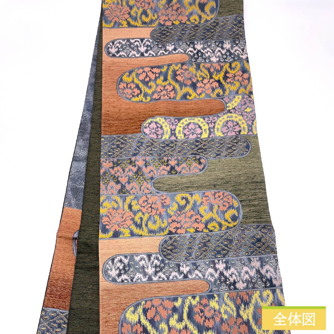 袋帯 正絹 花唐草 丸に花 横段 帯丈446cm Aランク 六通 カジュアル グラデーション系 1123012423399