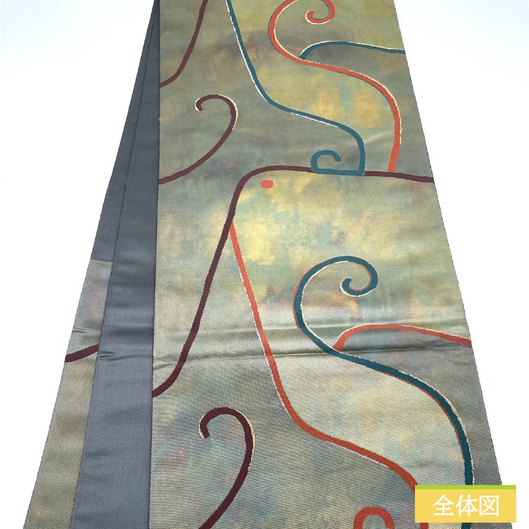 袋帯 正絹 千種鼠色（ちぐさねずいろ） 抽象模様 帯丈450cm Sランク 六通 カジュアル 緑系 1123012802419