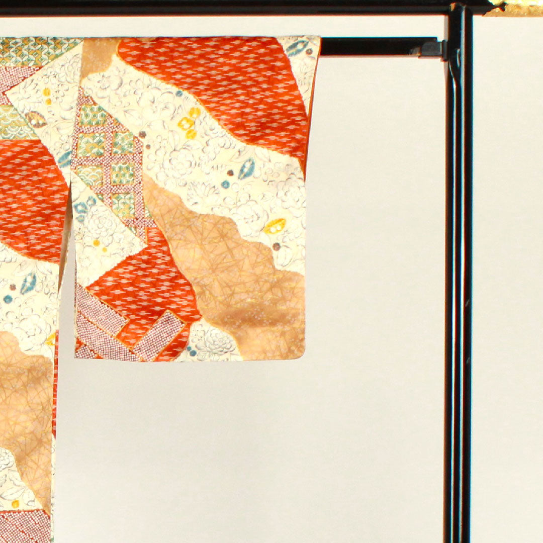 小紋 身丈157cm 裄丈65.5cm 袷  辻ヶ花 七宝 染疋田  正絹 Aランク クリーム系 1115001993315