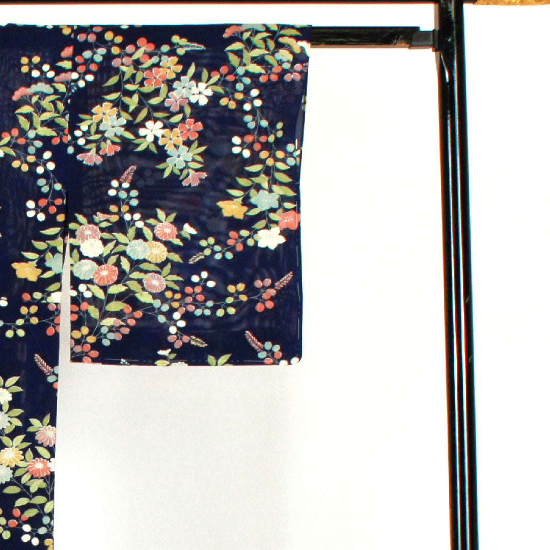 小紋 身丈159cm 裄丈62cm 絽  駒絽 花模様  正絹 Aランク 紺系 1115000743318