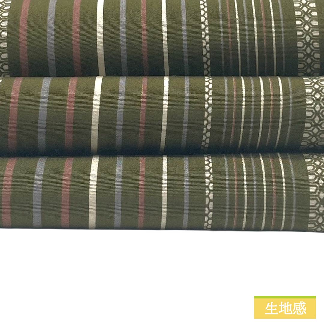 半幅帯 正絹 Sランク 千歳茶色（せんざいちゃいろ） 縞模様 リバーシブル 帯丈423cm 緑系 1125003812419