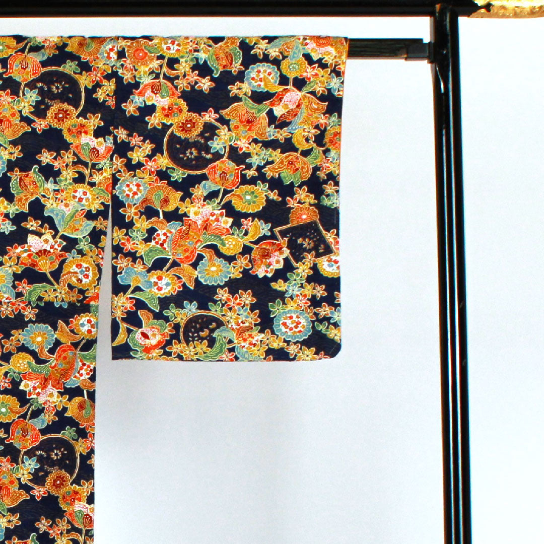 小紋 身丈162.5cm 裄丈63.5cm 袷  草花模様  正絹 Sランク 紺系 1115001422418