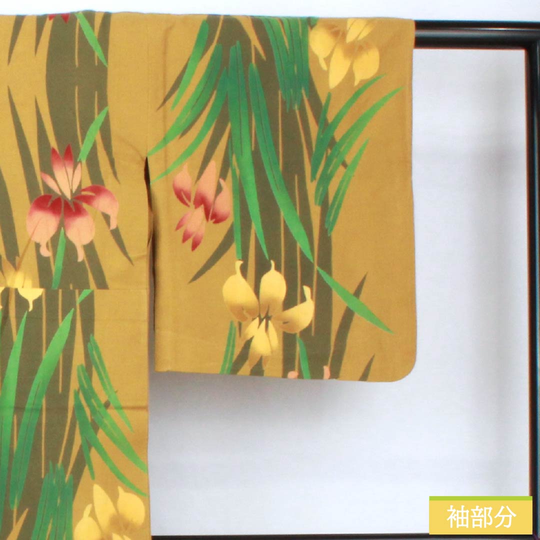 浴衣 木綿 身丈153.5cm 裄丈67cm Aランク 単衣 黄系 木蘭色（もくらんじき） 菖蒲 1118005803223