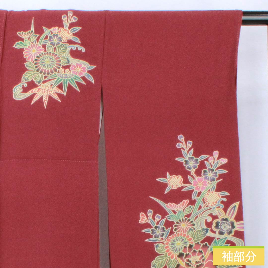 振袖 正絹 Sランク 身丈164cm 裄丈67cm 袷 臙脂色（えんじいろ） 京紅型 吉祥文様 ちりめん地 パールトーン加工 赤系 1113002492412