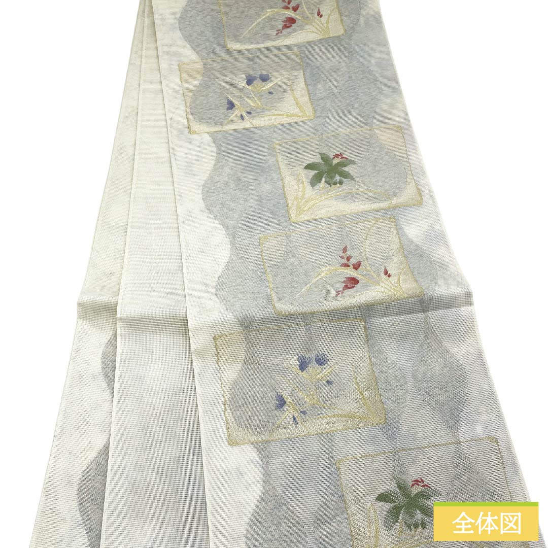 袋帯 正絹 Aランク 夏帯 色紙取り 草葉模様 帯丈442cm 六通 セミフォーマル 白系 1123018263311