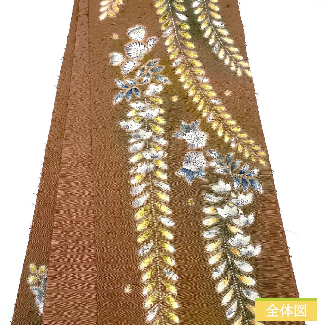 袋帯 正絹 芝翫茶色（しかんちゃいろ） ひげ紬 網織紬 辻ヶ花 帯丈460cm Sランク 六通 セミフォーマル 茶系 1123012262414