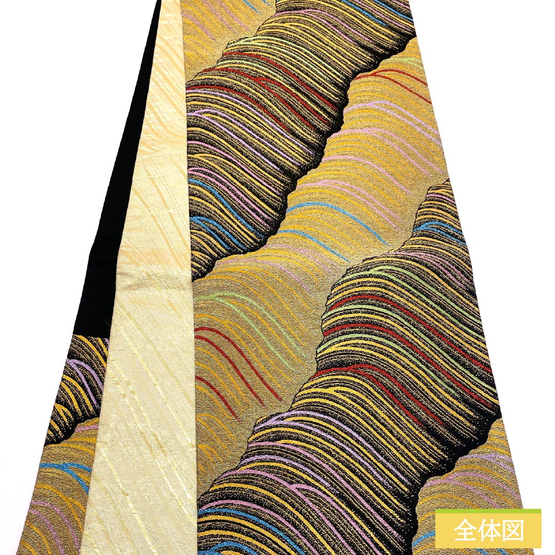 袋帯 正絹 振袖用 抽象模様 帯丈436cm Sランク 六通 フォーマル 金系 1123013572321