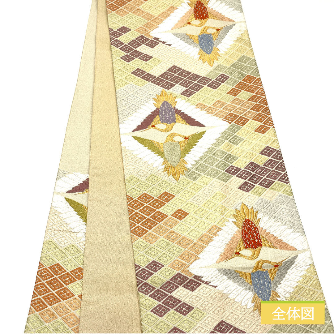 袋帯 正絹 Aランク 蕎麦切色（そばきりいろ） 西陣織 唐織 向かい鶴 亀甲 帯丈434cm 六通 フォーマル ベージュ系 1123016063325